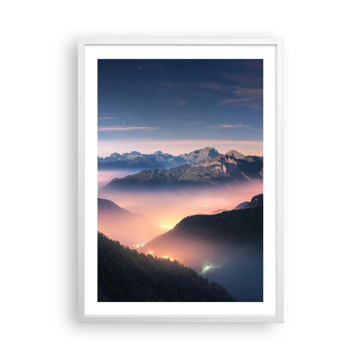 Affiche dans un cadre blanc - Poster - Lumière dans les vallées - 50x70 cm