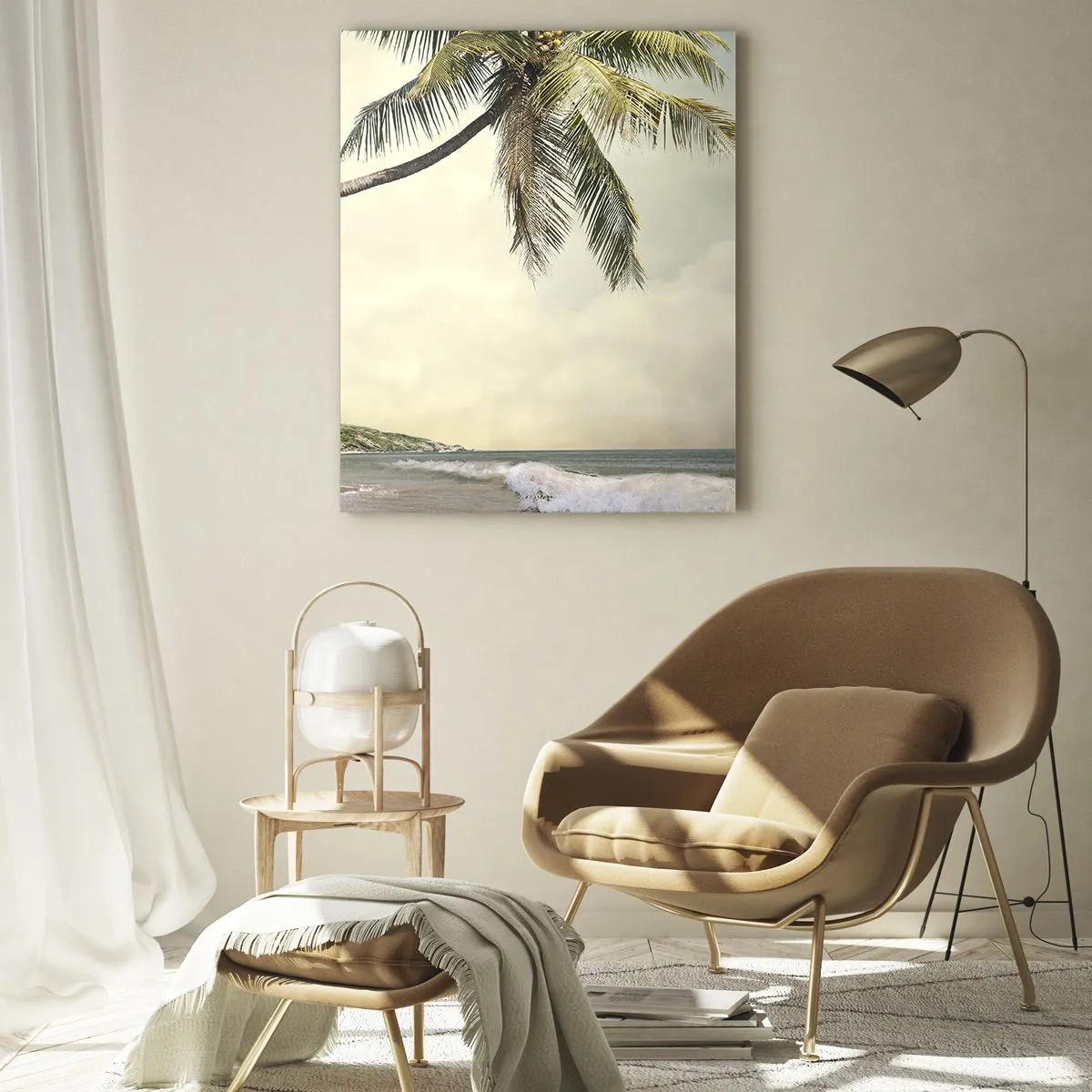 Impression sur verre - Image sur verre - Une plage avec des palmiers sur fond de mer calme - 80x120cm - Rêve tropical - Décoration murale moderne pour le salon et la chambre ARTTOR