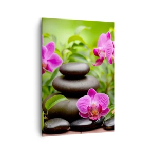 Impression sur toile - Image sur toile - Orchidées roses avec des pierres sur fond vert - 70x100cm - Pyramide de la Paix - Décoration murale moderne pour le salon et la chambre ARTTOR