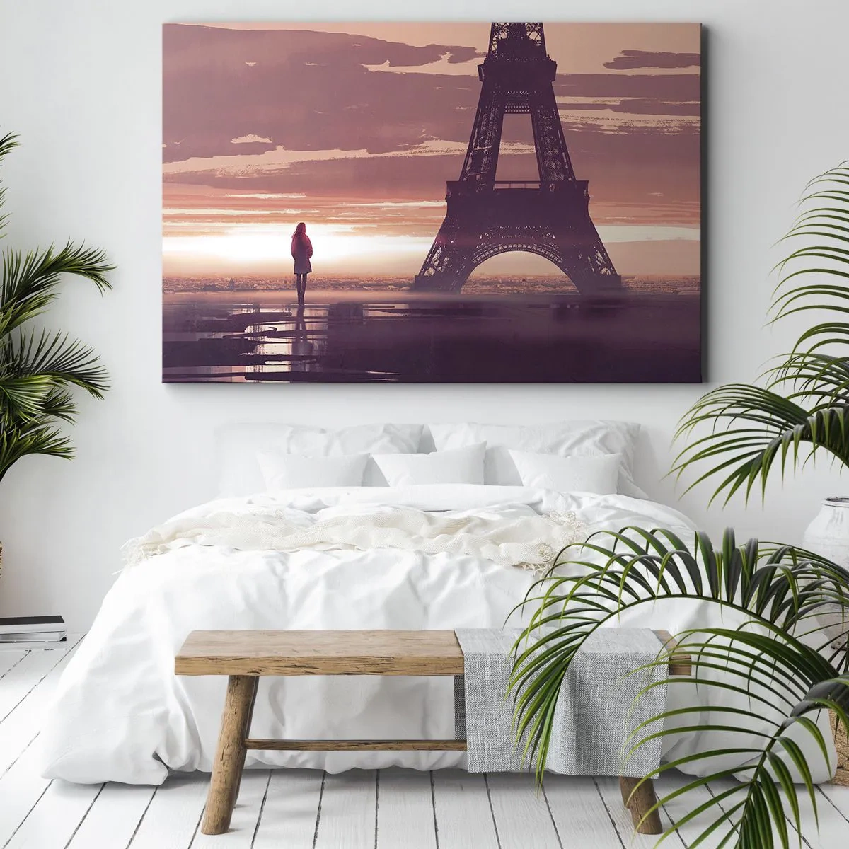 Impression sur toile - Image sur toile - Une silhouette regardant la Tour Eiffel à la lumière du soleil couchant - 70x50cm - Seulement deux d'entre eux - Décoration murale moderne pour le salon et la chambre ARTTOR