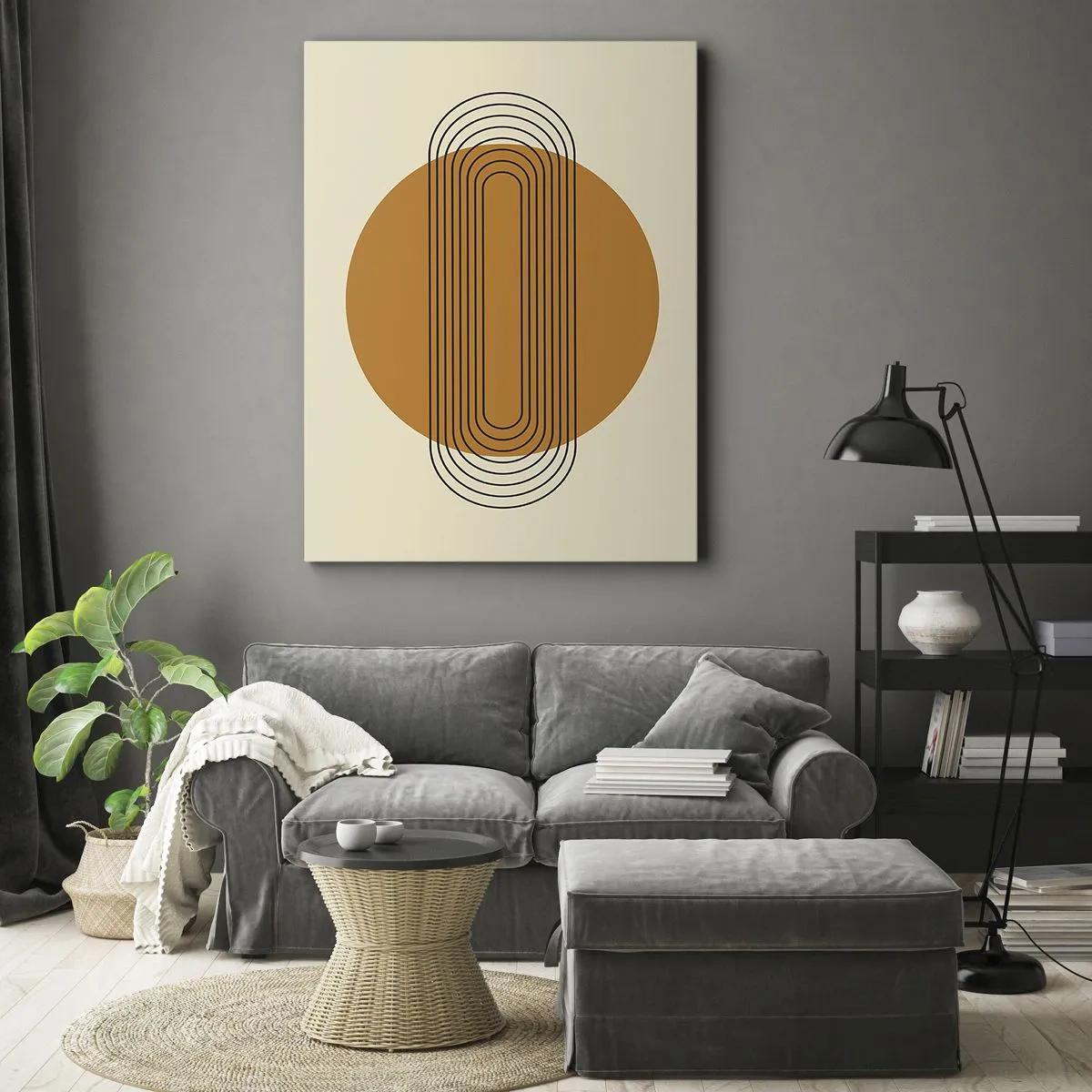 Impression sur toile - Image sur toile - Motif géométrique avec des cercles et des lignes orange - 50x70cm - Plan idéal - Décoration murale moderne pour le salon et la chambre ARTTOR
