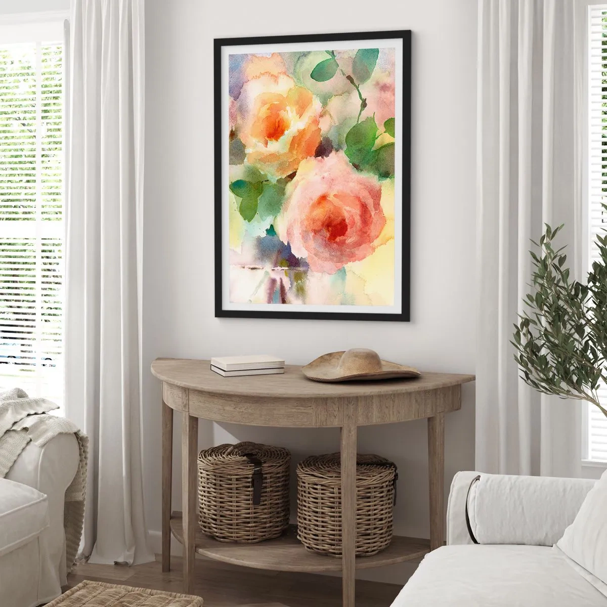 Affiche dans un cadre noir - Poster - Fleurs à l'aquarelle aux couleurs pastel - 50x70cm - Délicat comme l'aquarelle - Décoration murale moderne pour le salon et la chambre ARTTOR
