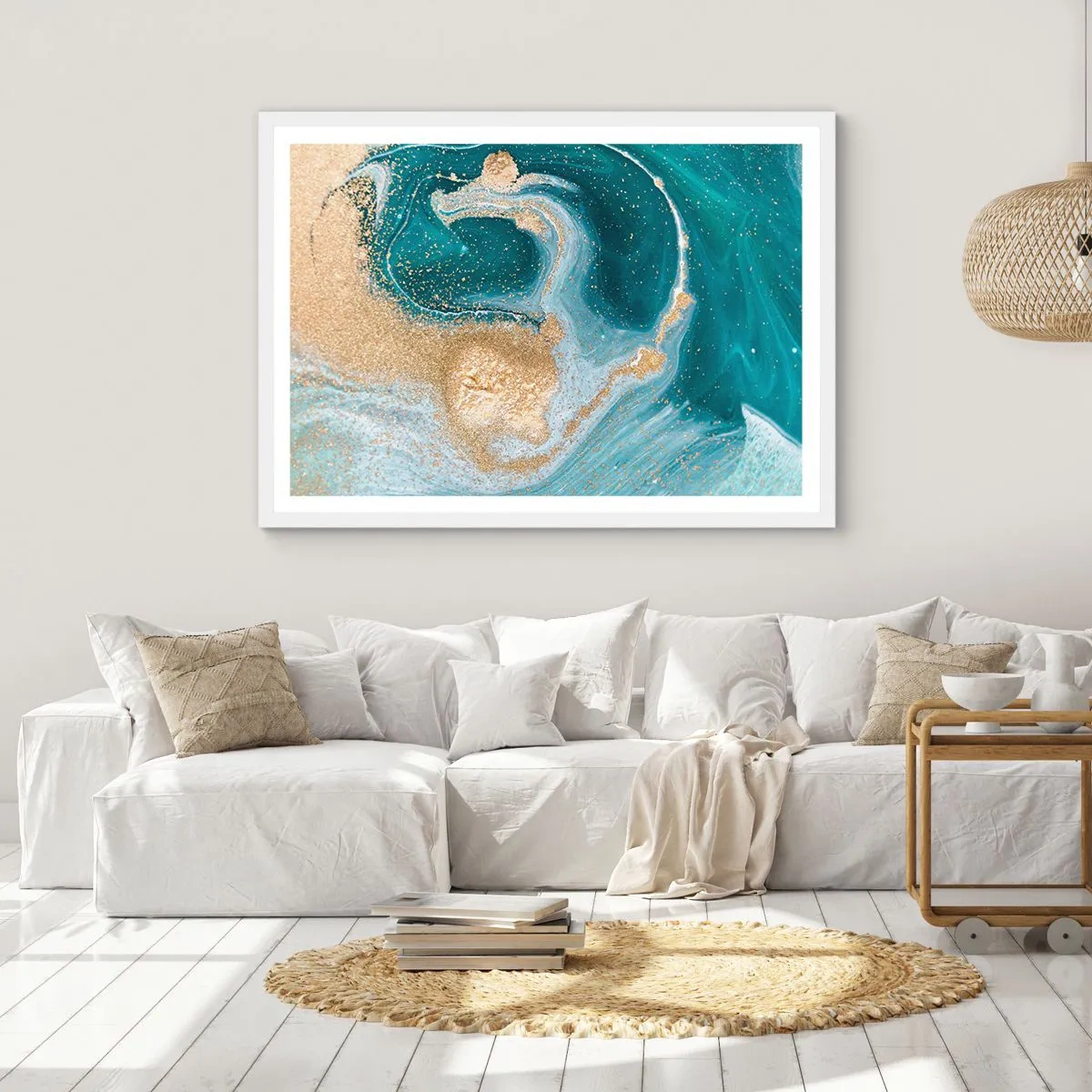 Affiche dans un cadre blanc - Poster - Tourbillon d'or et de turquoise - 100x70 cm