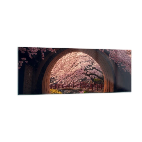 Impression sur verre - Image sur verre - Un pont japonais traditionnel entouré de fleurs de cerisier - 140x50cm - Printemps japonais - Décoration murale moderne pour le salon et la chambre ARTTOR