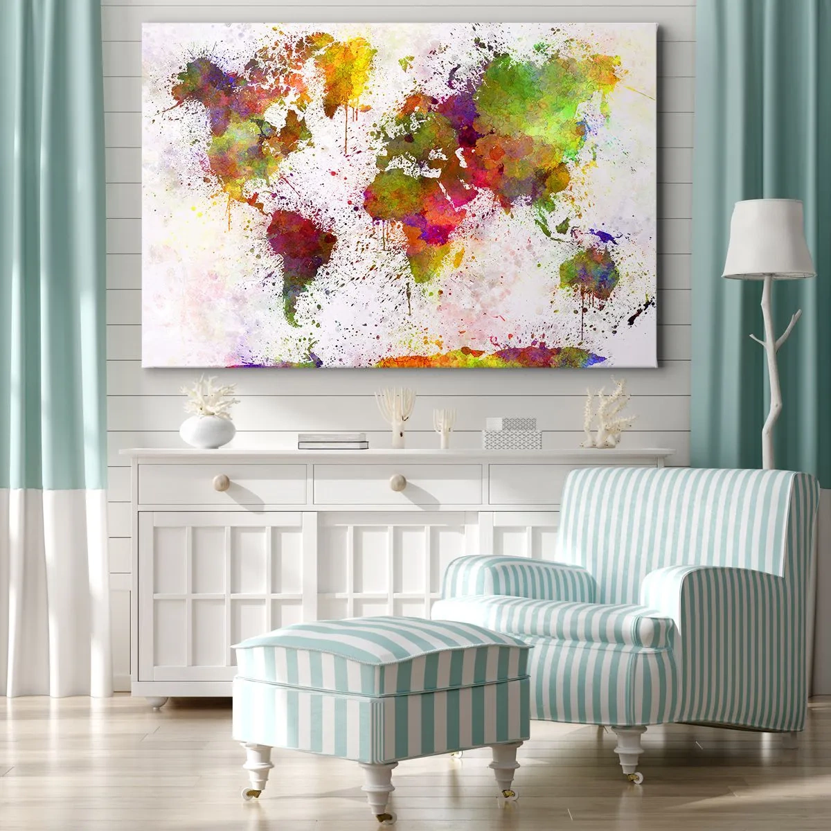 Impression sur toile - Image sur toile - Une carte du monde colorée dans un style abstrait - 70x50cm - D'une certaine manière ça s'est passé de la même façon - Décoration murale moderne pour le salon et la chambre ARTTOR