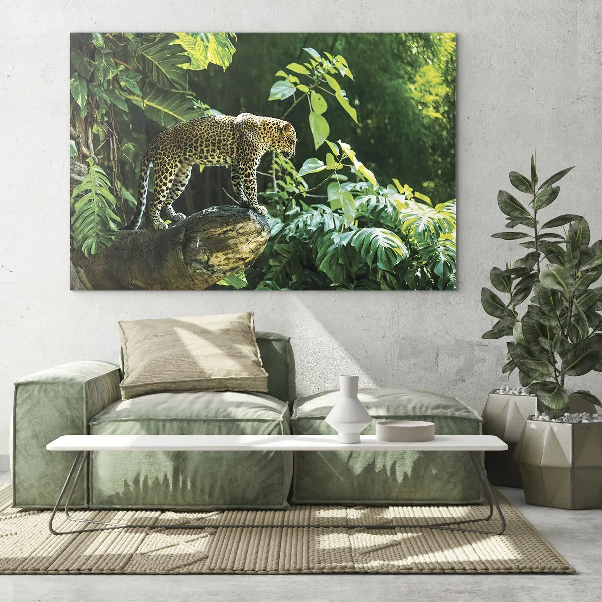 Impression sur verre - Image sur verre - Léopard sur un rocher dans la jungle tropicale - 120x80cm - À la chasse? - Décoration murale moderne pour le salon et la chambre ARTTOR