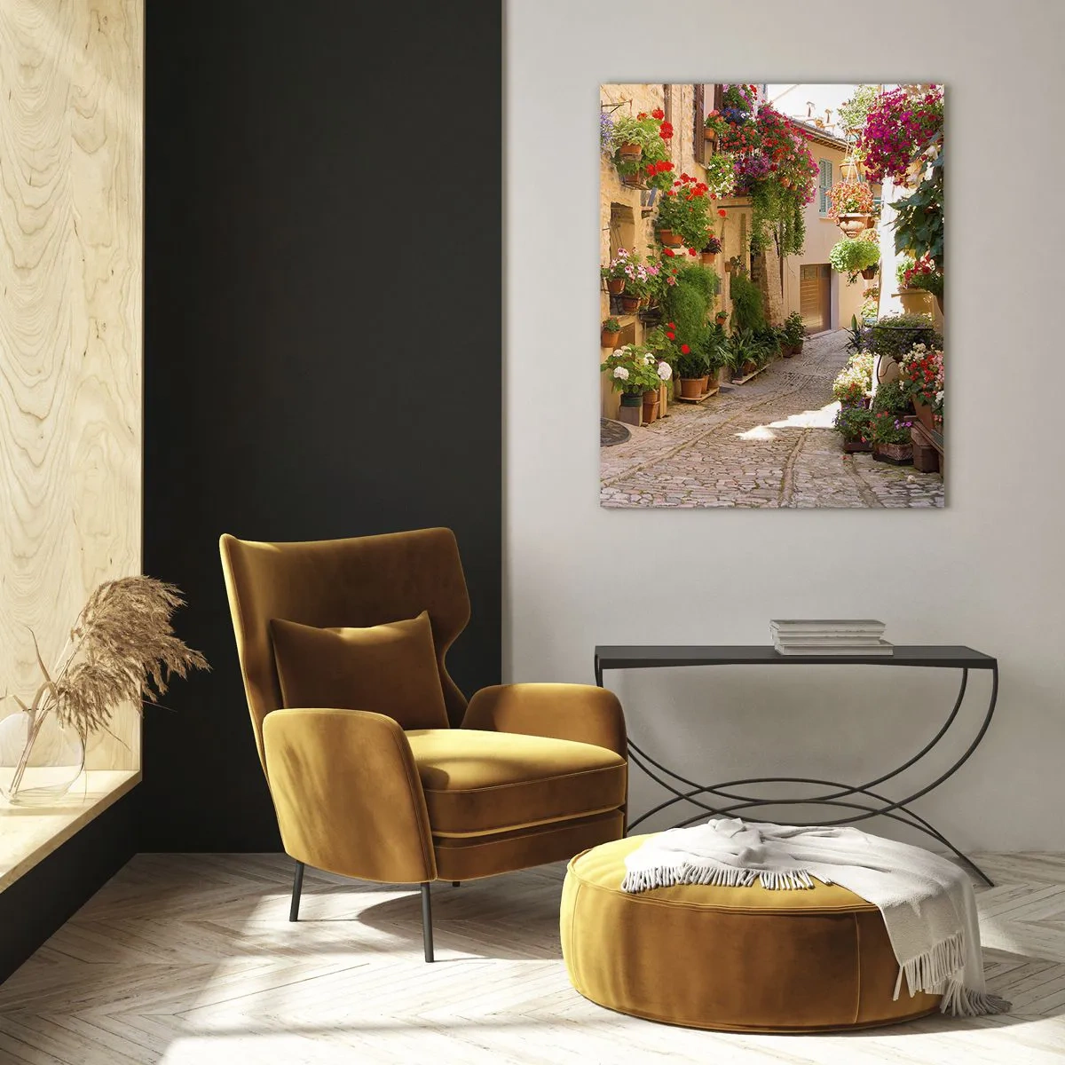 Impression sur verre - Image sur verre - Une rue avec des pots de fleurs et des murs de pierre - 80x120cm - Une inondation de fleurs  - Décoration murale moderne pour le salon et la chambre ARTTOR