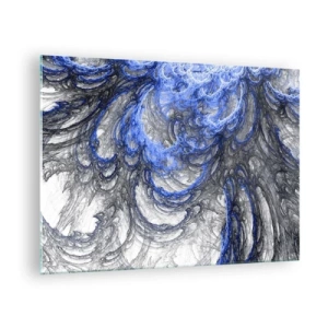 Impression sur verre - Image sur verre - Abstraction dynamique dans les tons de bleu et de gris - 70x50cm - La naissance d'une vague - Décoration murale moderne pour le salon et la chambre ARTTOR