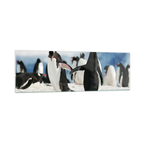 Impression sur verre - Image sur verre - Un groupe de pingouins dans la neige dans un paysage antarctique - 160x50cm - Danser dans la neige - Décoration murale moderne pour le salon et la chambre ARTTOR