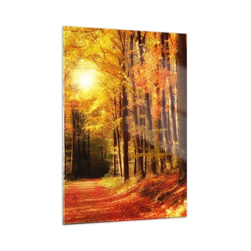 Impression sur verre - Image sur verre - Forêt d'automne baignée de soleil doré - 50x70cm - Automne doré sur une route forestière - Décoration murale moderne pour le salon et la chambre ARTTOR