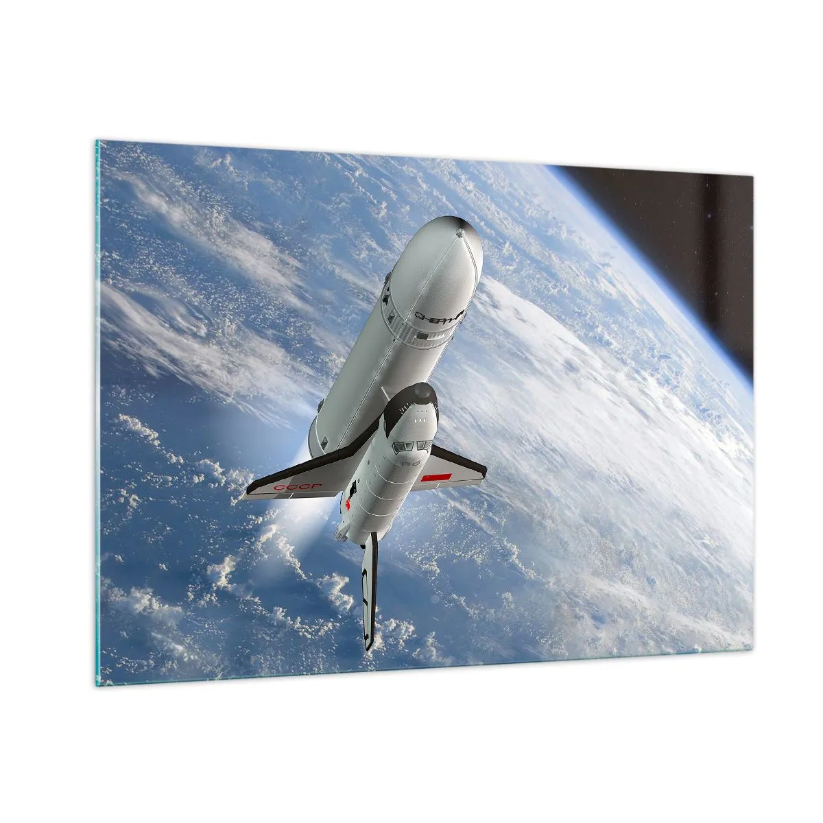 Impression sur verre - Image sur verre - Une navette spatiale décollant dans l'espace avec la Terre en arrière-plan. - 100x70cm - Ascension cosmique - Décoration murale moderne pour le salon et la chambre ARTTOR