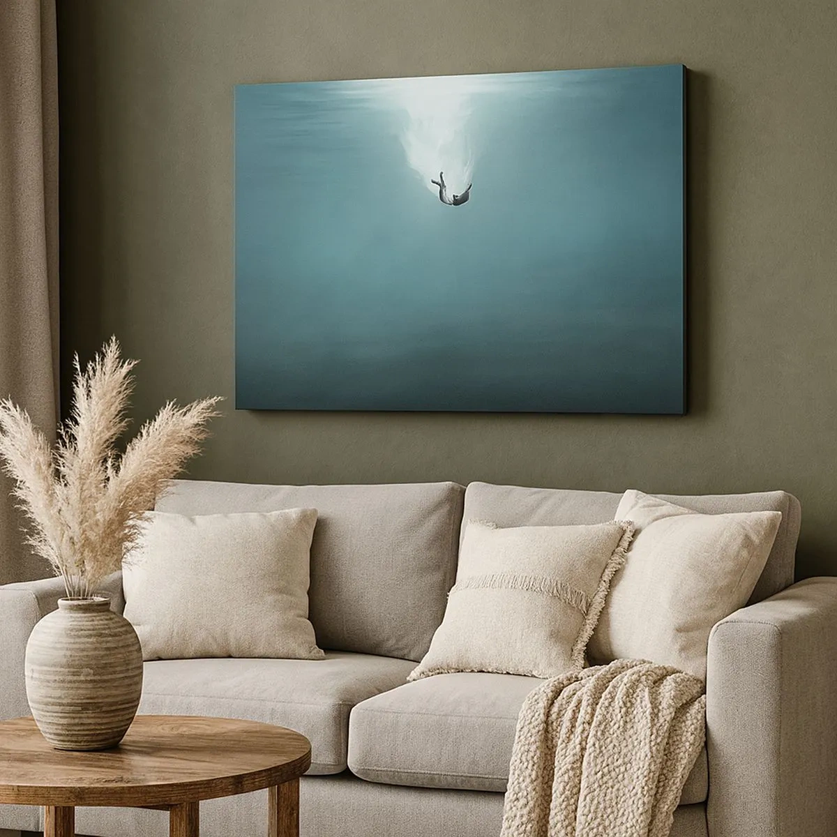 Impression sur toile - Image sur toile - Une silhouette immergée dans une eau turquoise profonde - 70x50cm - Dans les bras de l'océan - Décoration murale moderne pour le salon et la chambre ARTTOR