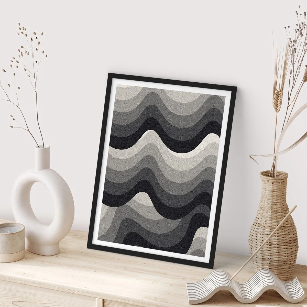 Affiche dans un cadre noir - Poster - Vagues géométriques dans des tons de noir et de gris - 50x70cm - Vague après vague - Décoration murale moderne pour le salon et la chambre ARTTOR