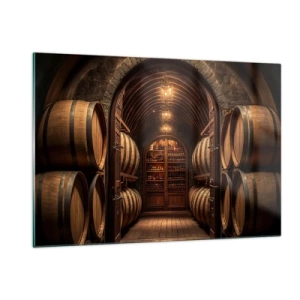 Impression sur verre - Image sur verre - Un vignoble avec des barriques et une cave éclairée pleine de bouteilles - 120x80cm - Cave climatisée - Décoration murale moderne pour le salon et la chambre ARTTOR