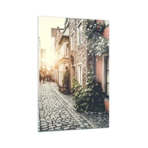 Impression sur verre - Image sur verre - Une charmante rue pavée de pierre et fleurie - 70x100cm - Allée de roses en lueur rose - Décoration murale moderne pour le salon et la chambre ARTTOR