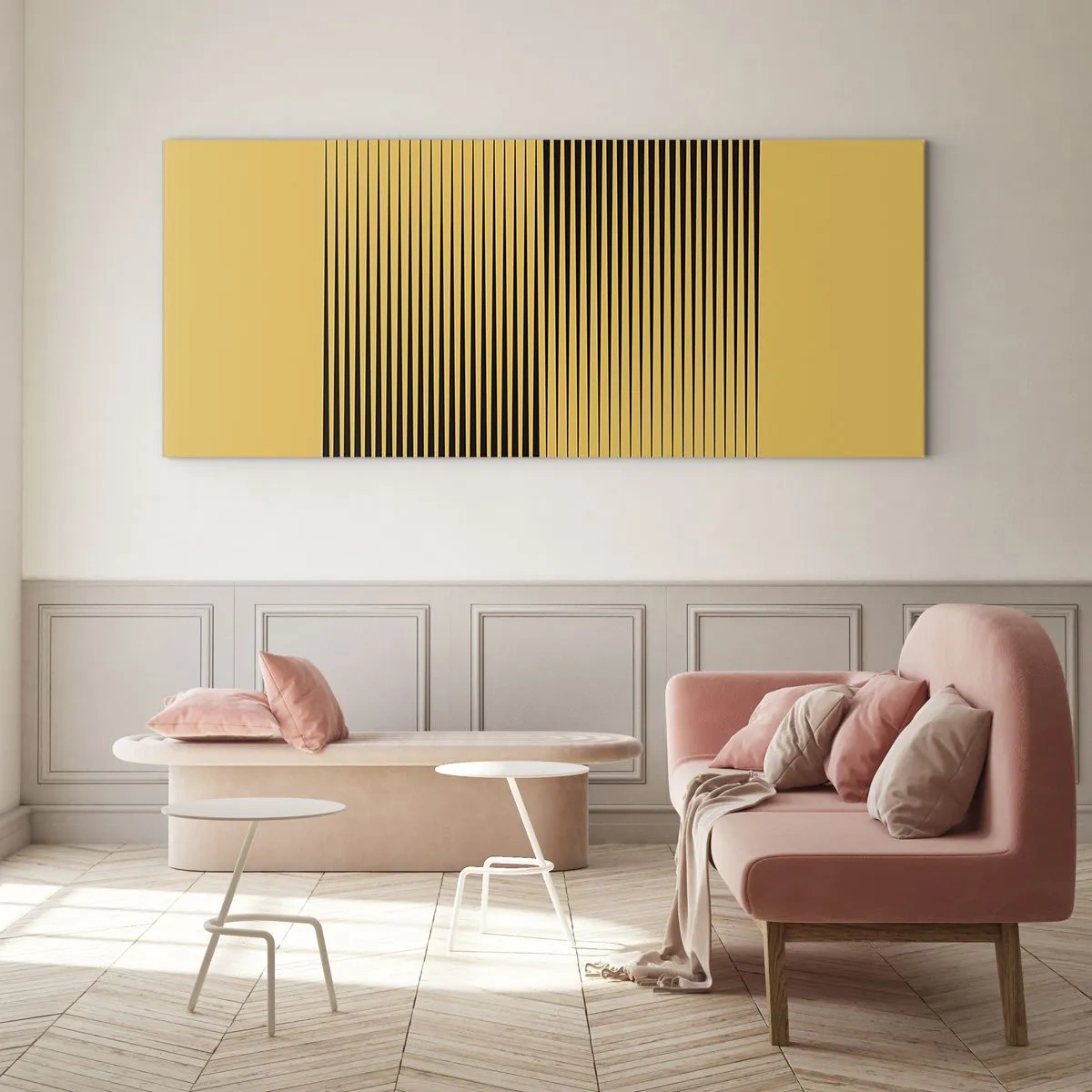Impression sur verre - Image sur verre - Lignes noires verticales sur fond jaune - 120x50cm - Cadre opposé - Décoration murale moderne pour le salon et la chambre ARTTOR