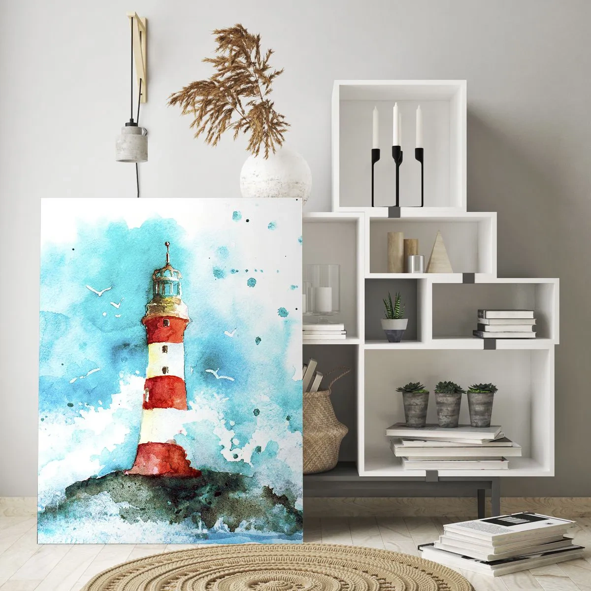 Impression sur verre - Image sur verre - Un phare dans un décor aquarelle sur fond bleu - 80x120cm - Unité des éléments - Décoration murale moderne pour le salon et la chambre ARTTOR