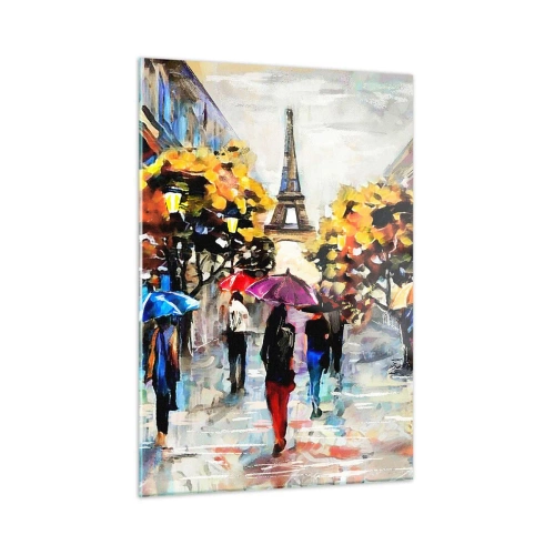 Impression sur verre - Image sur verre - La Tour Eiffel en arrière-plan des gens marchant sous des parapluies colorés - 50x70cm - Particulièrement beau en automne - Décoration murale moderne pour le salon et la chambre ARTTOR