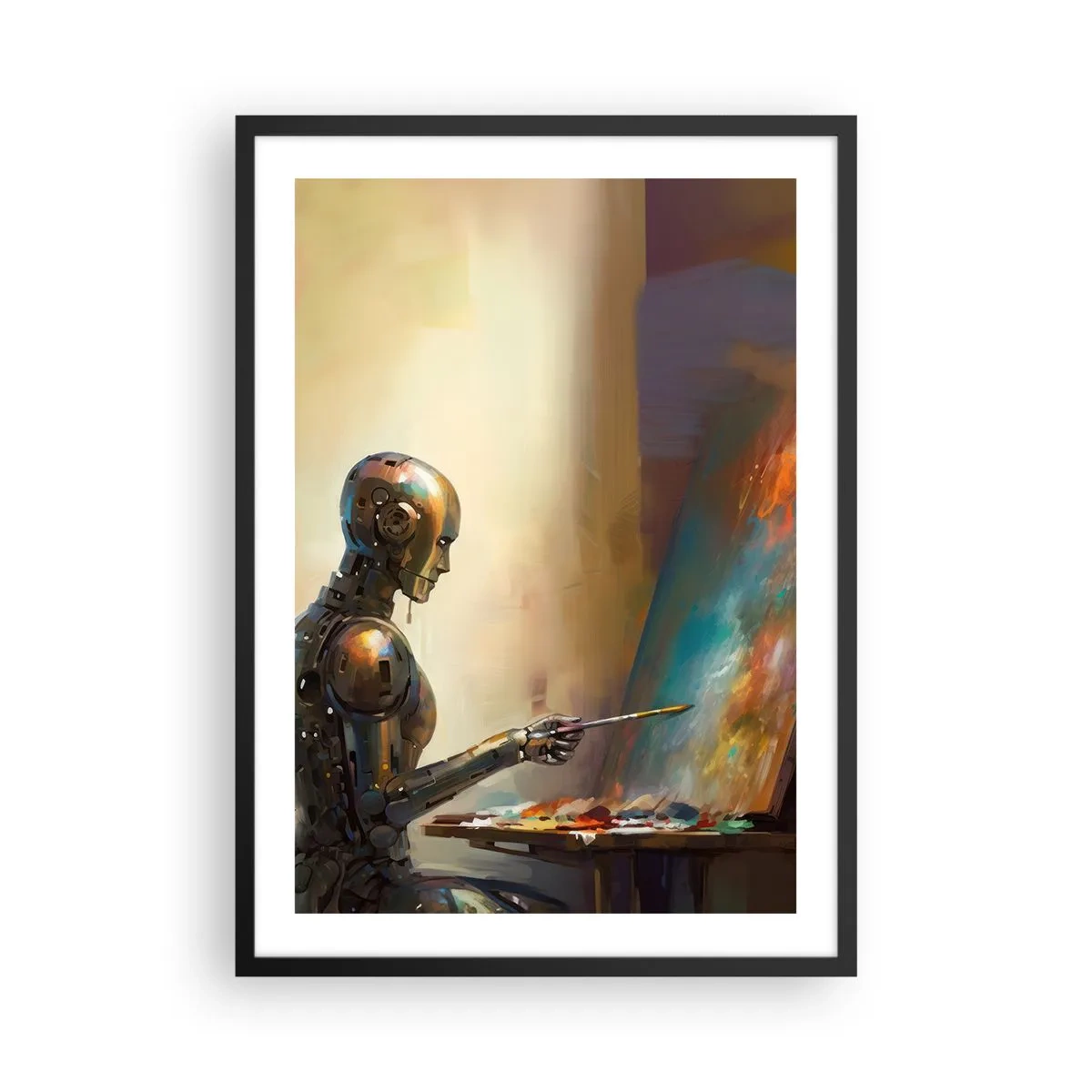 Affiche dans un cadre noir - Poster - Robot peintre sur un chevalet dans un style futuriste - 50x70cm - L'art du futur - Décoration murale moderne pour le salon et la chambre ARTTOR