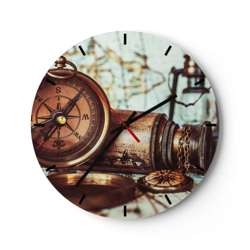 Horloge murale - Pendule murale - Boussole et télescope vintage - 30x30cm - Une aventure de pirates dans les Caraïbes vous attend - Décoration murale moderne pour le salon, la cuisine et la chambre ARTTOR