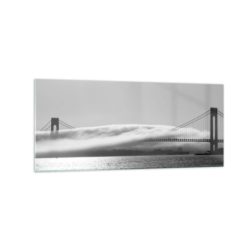 Impression sur verre - Image sur verre - Un pont sur l'eau enveloppé de brouillard dans une photo en noir et blanc - 120x50cm - Naviguez à travers les Portes des Étoiles - Décoration murale moderne pour le salon et la chambre ARTTOR