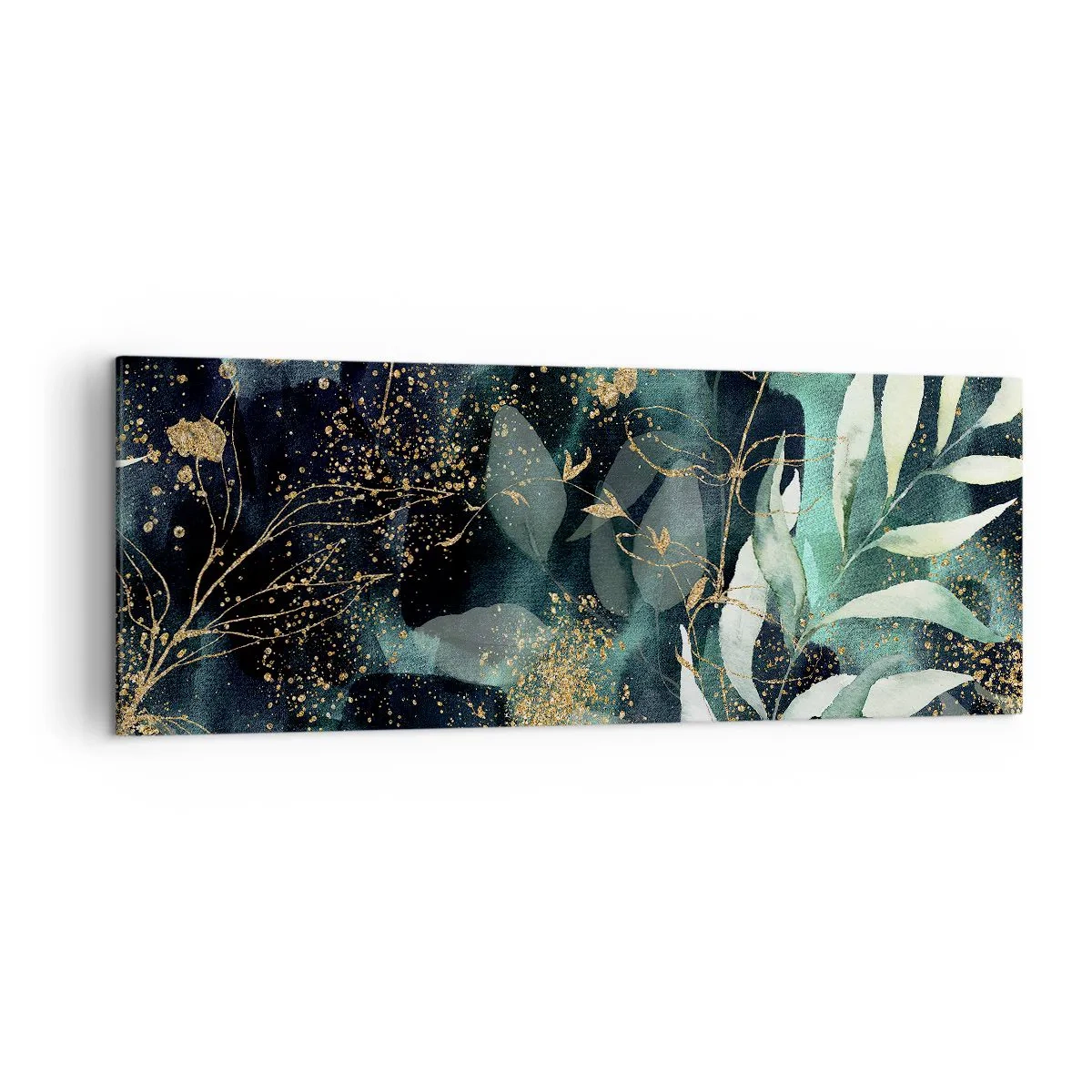 Impression sur toile - Image sur toile - Feuilles élégantes sur un fond sombre avec des accents dorés - 140x50cm - Jardin magique - Décoration murale moderne pour le salon et la chambre ARTTOR