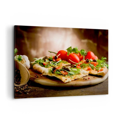 Impression sur toile - Image sur toile - Pizza aux légumes sur une planche en bois dans un style rustique - 100x70cm - Directement du four et du jardin - Décoration murale moderne pour le salon et la chambre ARTTOR