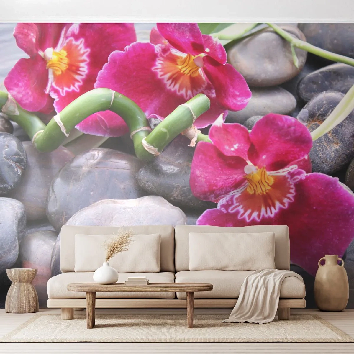 Papier Peint Photo Premium Sand - Refroidir et chauffer - Fleurs, Des pierres, Orchidée - 400x280 cm