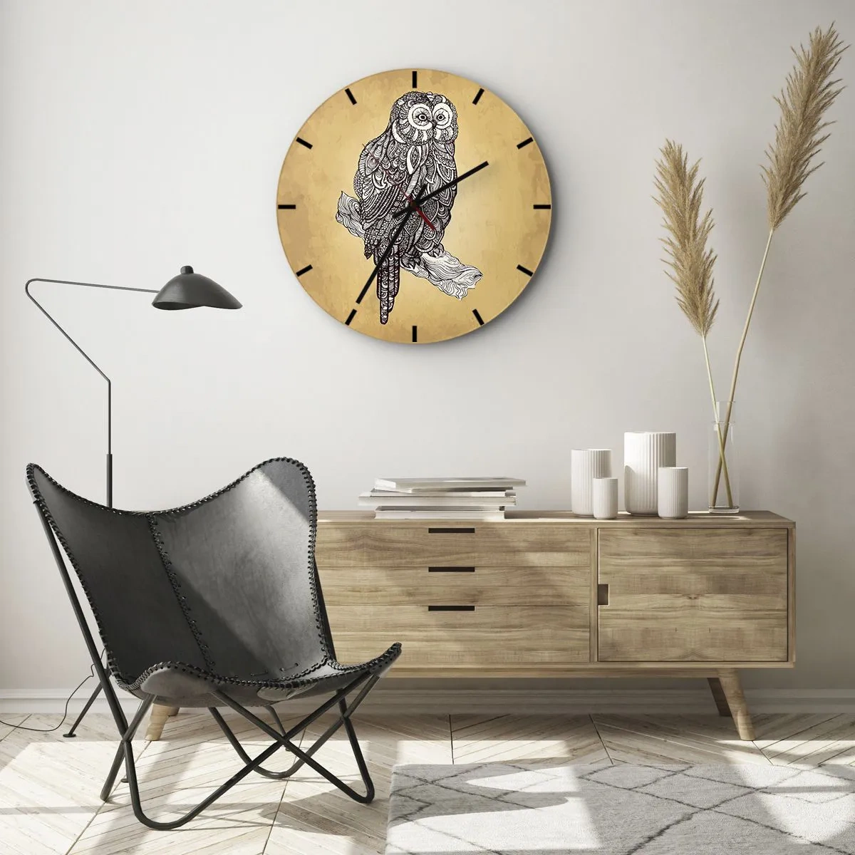 Horloge murale - Pendule murale - Un hibou artistique sur fond beige avec un motif complexe - 30x30cm - Ornements complexes de sagesse - Décoration murale moderne pour le salon, la cuisine et la chambre ARTTOR