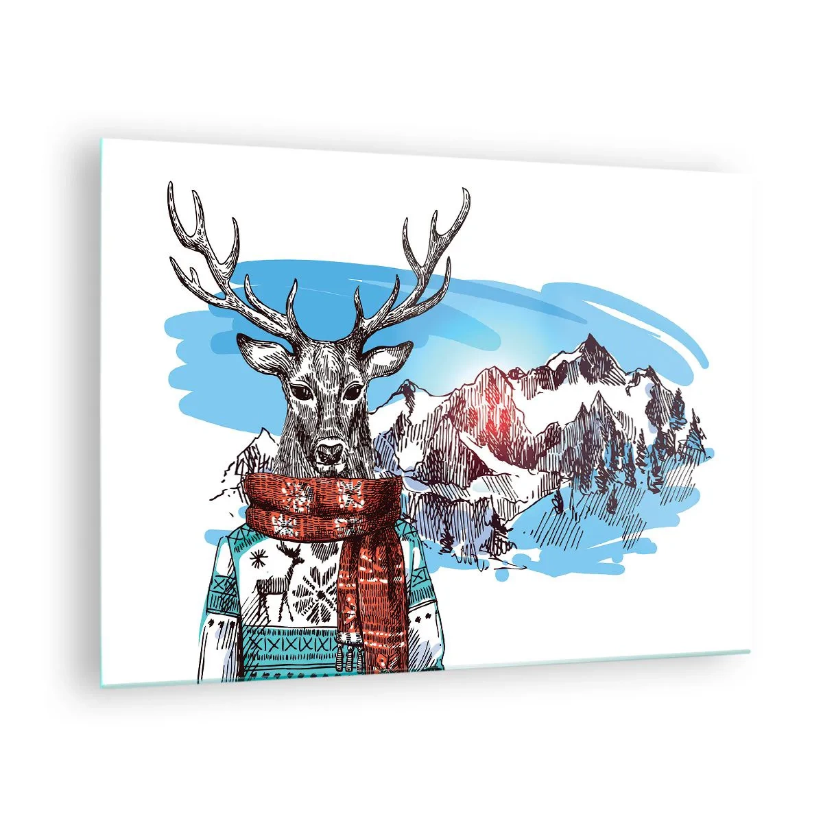 Impression sur verre - Image sur verre - Un cerf en pull et écharpe sur fond de paysage de montagne - 70x50cm - Même le cerf ne gèle pas - Décoration murale moderne pour le salon et la chambre ARTTOR