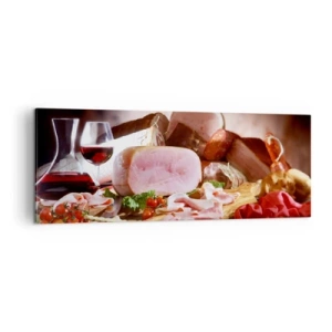 Impression sur toile - Image sur toile - Charcuterie au vin sur fond rustique - 140x50cm - Un rêve culinaire avec une carafe - Décoration murale moderne pour le salon et la chambre ARTTOR
