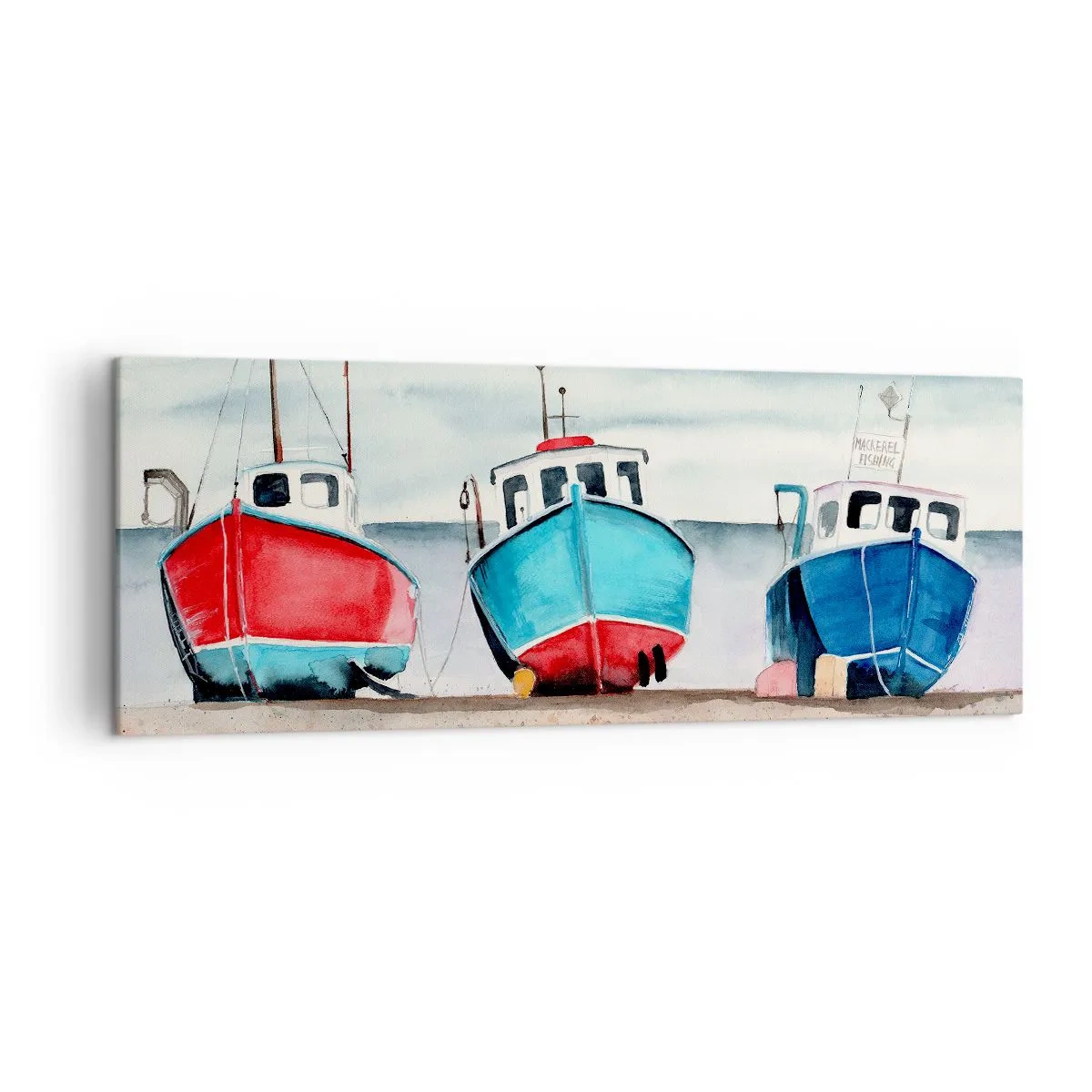 Impression sur toile - Image sur toile - Bateaux de pêche colorés sur le rivage dans un paysage marin - 140x50cm - Prêt pour la pêche - Décoration murale moderne pour le salon et la chambre ARTTOR