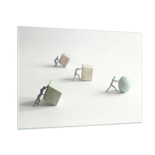 Impression sur verre - Image sur verre - Des figurines miniatures roulent et poussent des formes géométriques. - 100x70cm - Rien que la vie - Décoration murale moderne pour le salon et la chambre ARTTOR