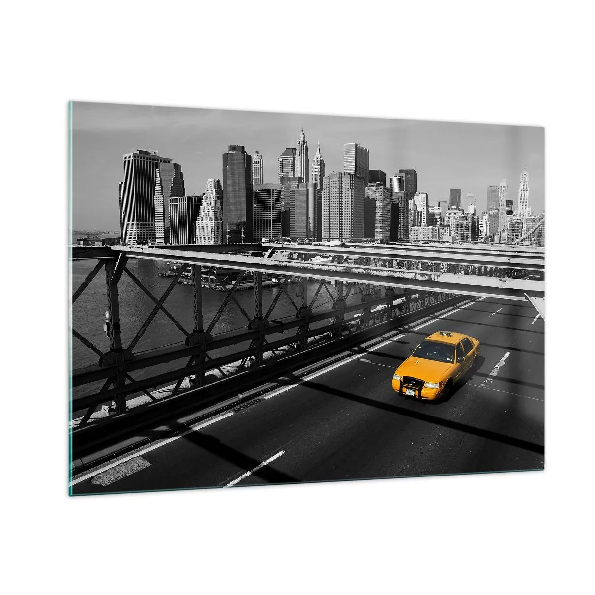 Impression sur verre - Image sur verre - Un taxi jaune sur un pont surplombant Manhattan - 100x70cm - Couleur de la grande ville - Décoration murale moderne pour le salon et la chambre ARTTOR