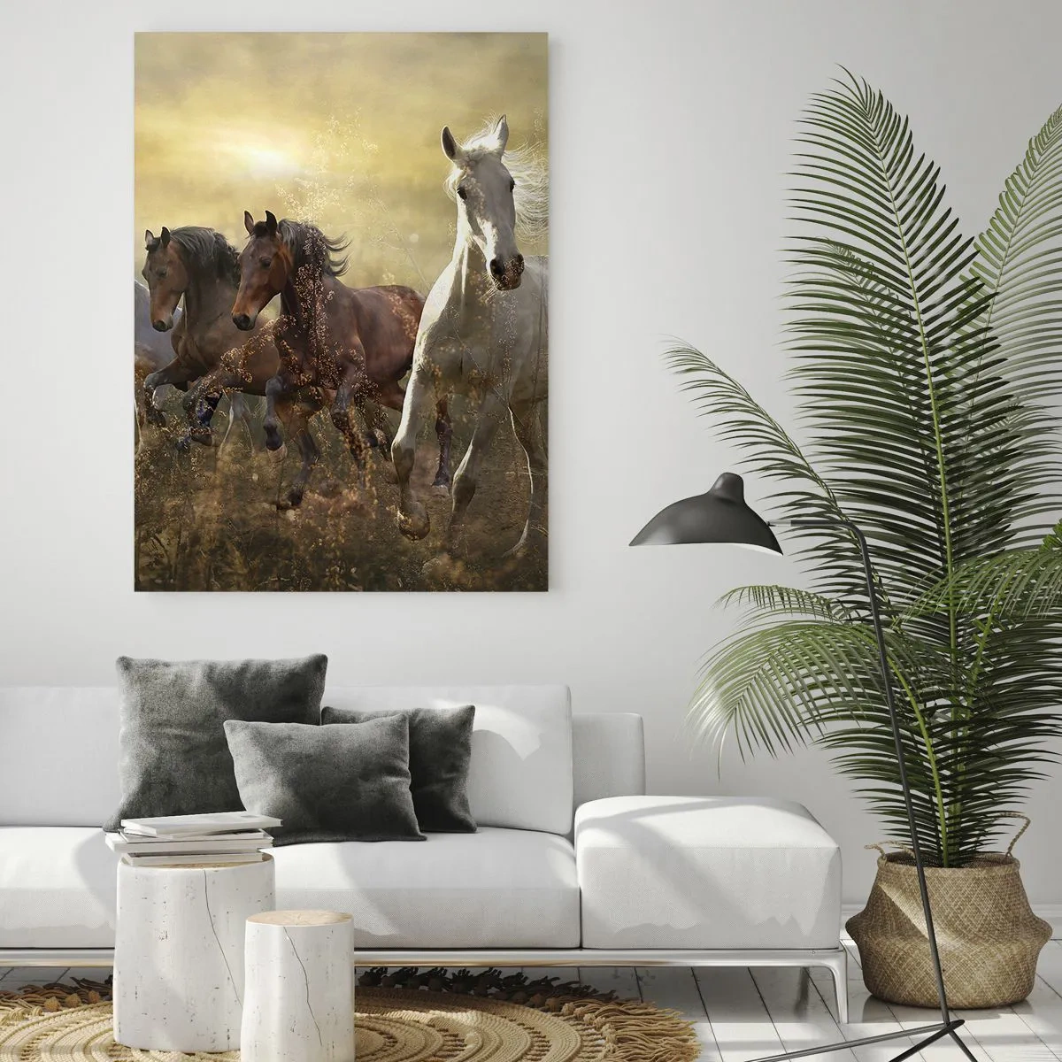 Impression sur verre - Image sur verre - Un troupeau de chevaux galopant dans les rayons du soleil couchant - 50x70cm - Vive la liberté! - Décoration murale moderne pour le salon et la chambre ARTTOR