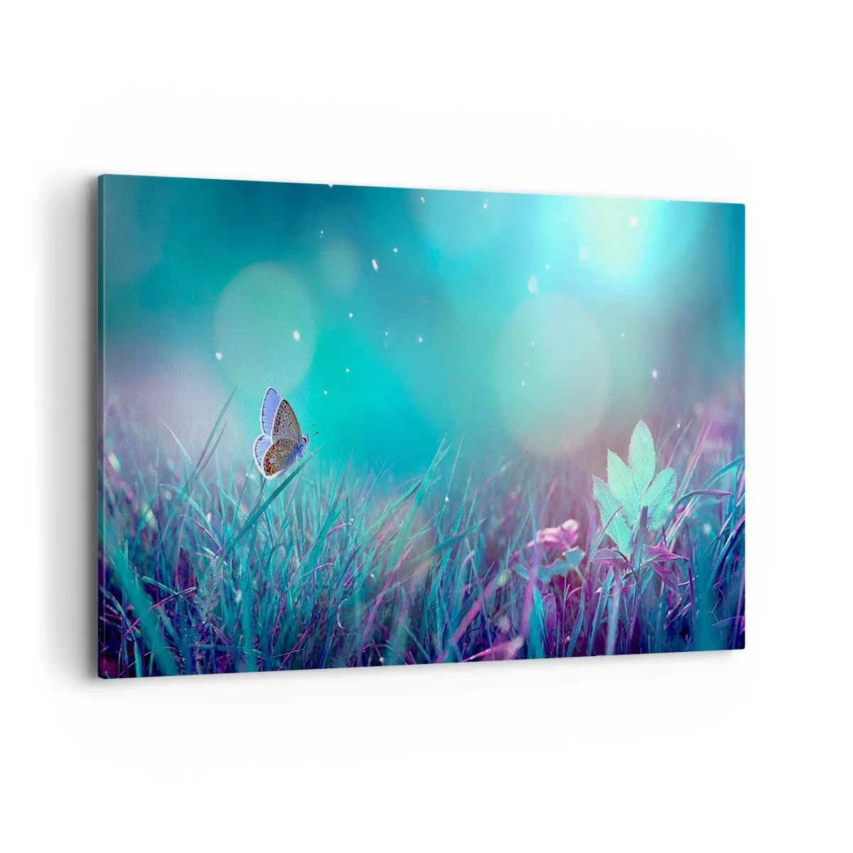 Impression sur toile - Image sur toile - Un papillon sur l'herbe à la lumière de reflets flous - 120x80cm - La vie secrète de la prairie - Décoration murale moderne pour le salon et la chambre ARTTOR