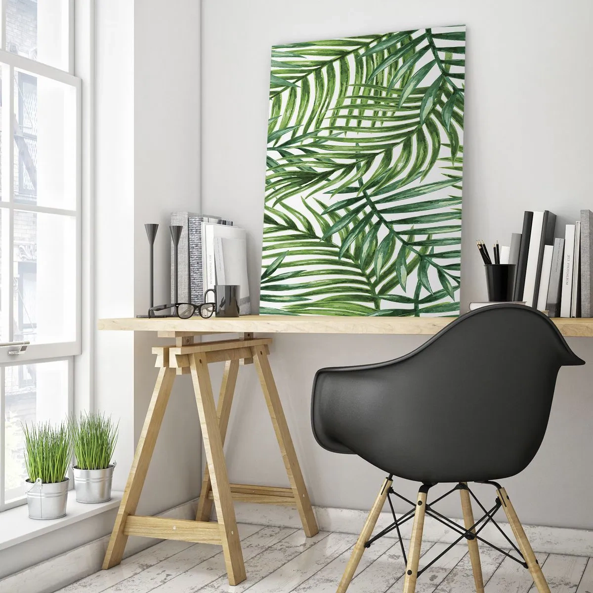 Impression sur verre - Image sur verre - Feuilles de palmier vertes sur fond blanc créant un motif géométrique - 50x70cm - Sous la canopée verte - Décoration murale moderne pour le salon et la chambre ARTTOR