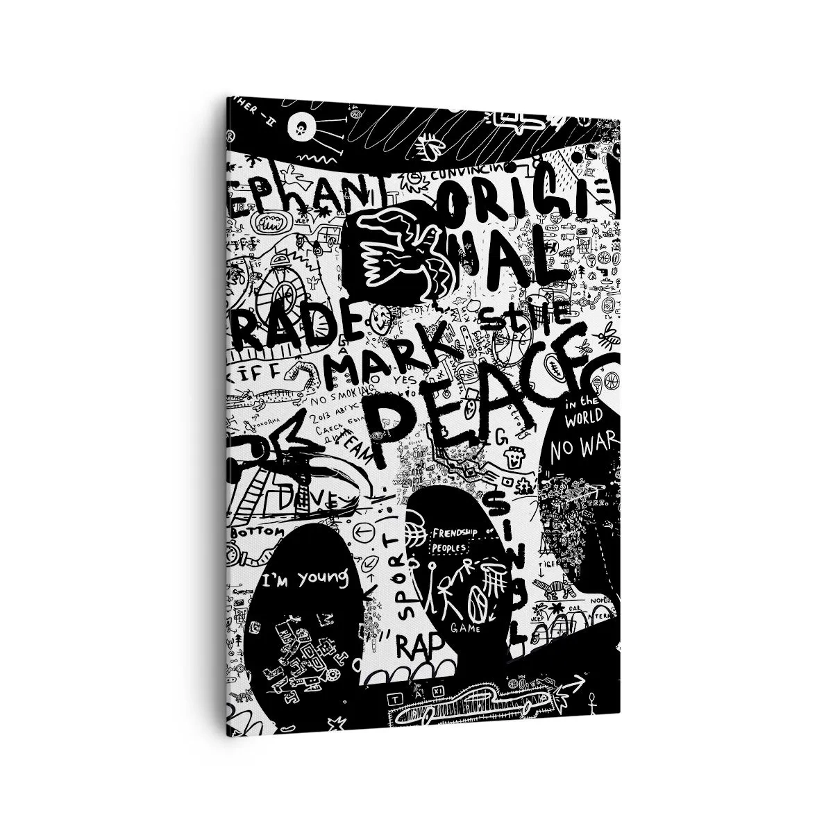 Impression sur toile - Image sur toile - Graphiques en noir et blanc avec des motifs graffitis - 70x100cm - La richesse des rues - Décoration murale moderne pour le salon et la chambre ARTTOR