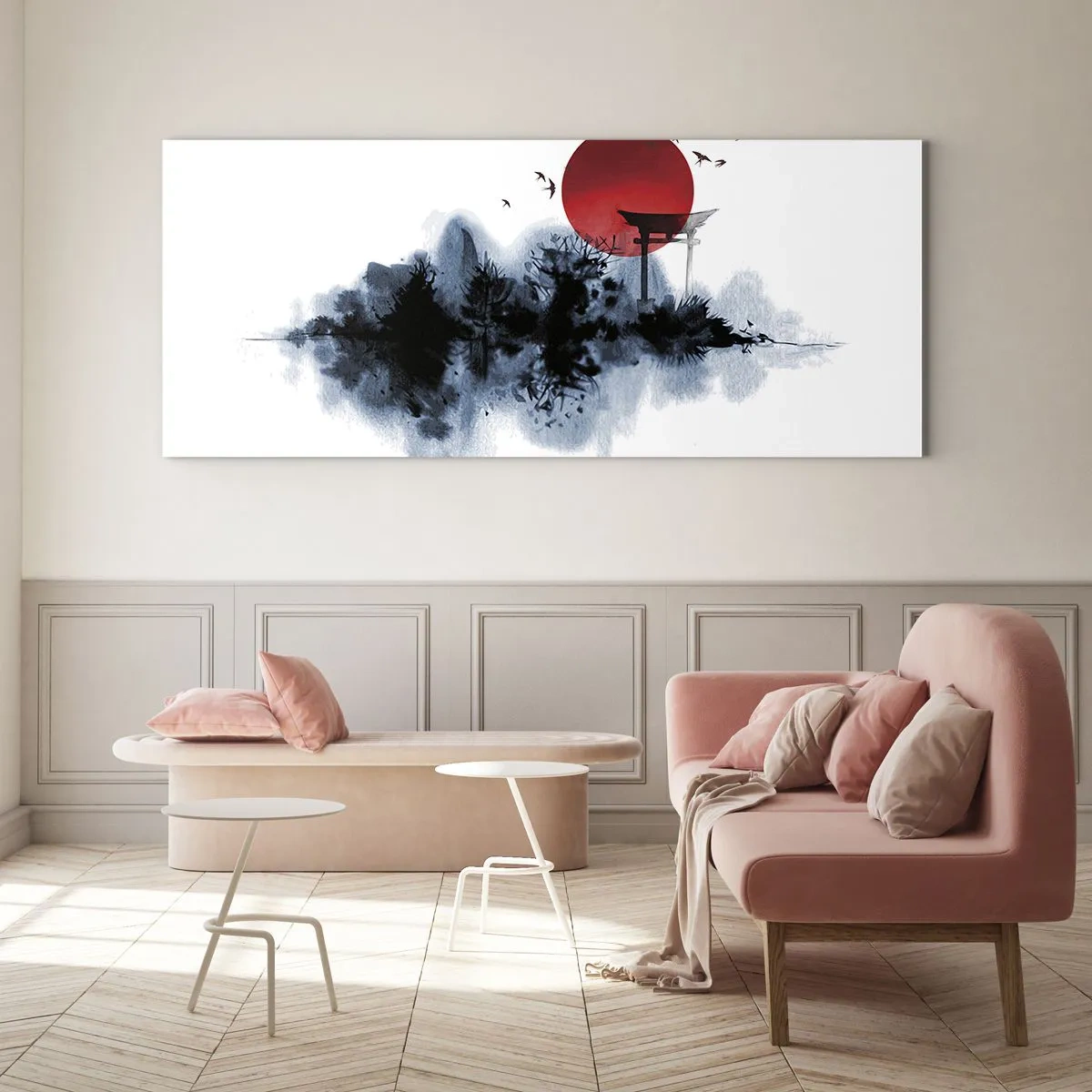 Impression sur verre - Image sur verre - Soleil rouge sur un paysage pittoresque avec torii - 160x50cm - Vue japonnaise - Décoration murale moderne pour le salon et la chambre ARTTOR