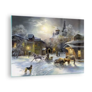 Impression sur verre - Image sur verre - Paysage hivernal d'une ville illuminée par le clair de lune - 70x50cm - La magie de l'hiver russe - Décoration murale moderne pour le salon et la chambre ARTTOR