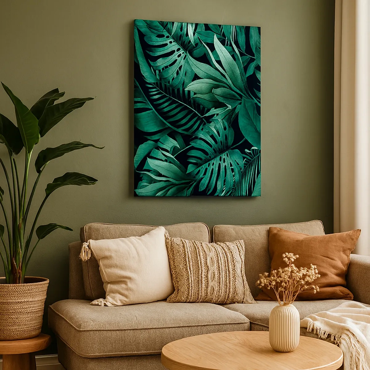 Impression sur toile - Image sur toile - Feuilles tropicales aux nuances de vert intense - 50x70cm - Profondeur du vert tropical - Décoration murale moderne pour le salon et la chambre ARTTOR