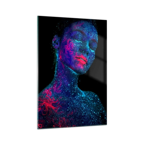 Impression sur verre - Image sur verre - Portrait d'une femme aux couleurs fluo sur fond noir - 70x100cm - Dans la poussière d'étoiles - Décoration murale moderne pour le salon et la chambre ARTTOR