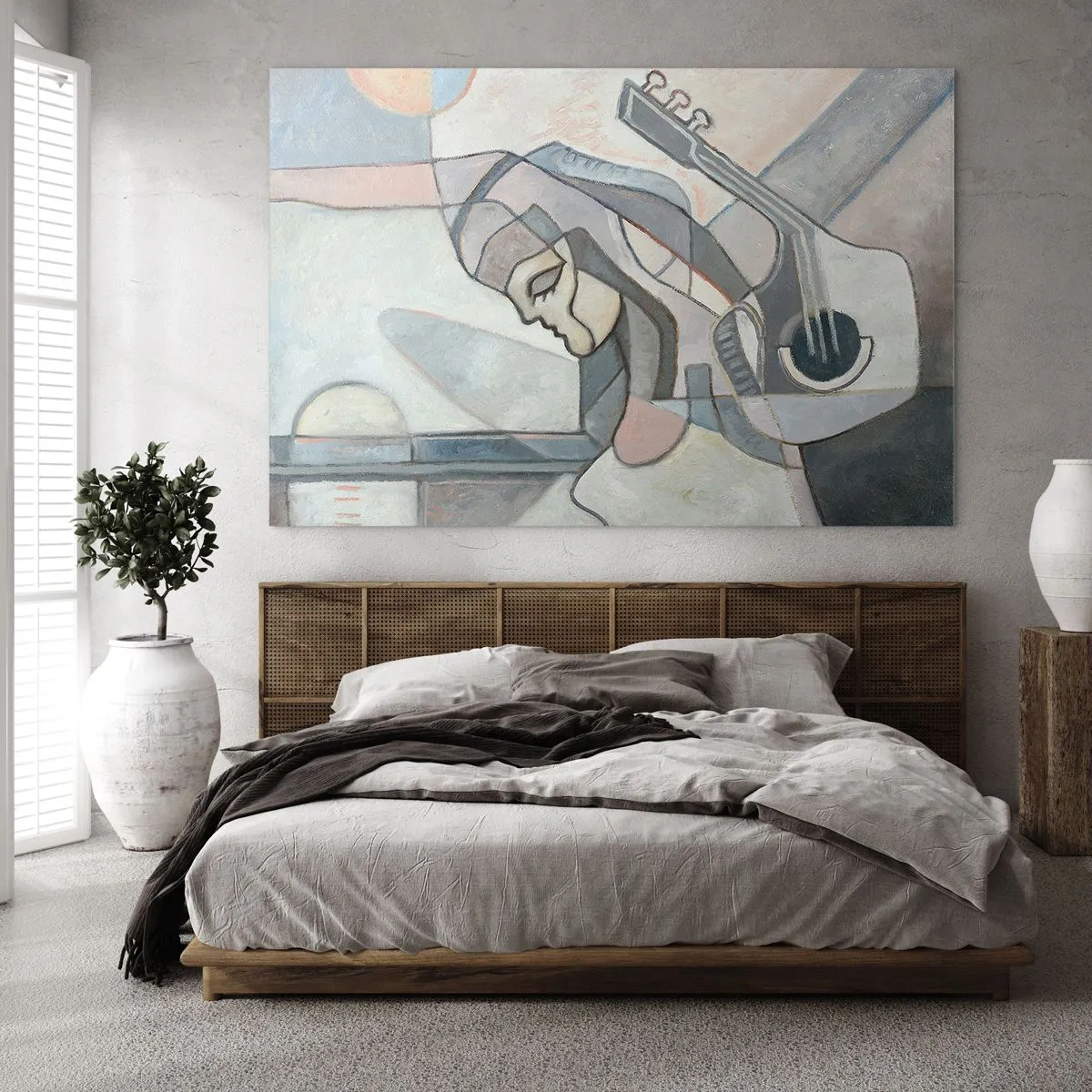 Impression sur verre - Image sur verre - Figure artistique d'une femme avec une guitare aux couleurs pastel - 70x50cm - Au pouvoir de la musique - Décoration murale moderne pour le salon et la chambre ARTTOR