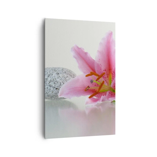 Impression sur toile - Image sur toile - Fleur de lys rose avec des pierres sur un fond clair - 80x120cm - Étude de rose, gris et blanc - Décoration murale moderne pour le salon et la chambre ARTTOR