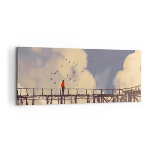 Impression sur toile - Image sur toile - Une silhouette sur un pont parmi les nuages avec des oiseaux dans le ciel - 120x50cm - Bleu nostalgie - Décoration murale moderne pour le salon et la chambre ARTTOR