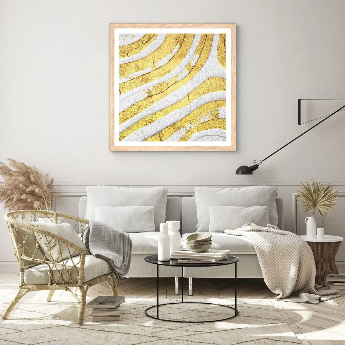 Affiche dans un chêne clair - Poster - Composition en blanc et or - 30x30 cm