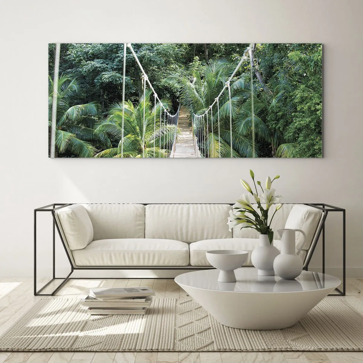 Impression sur verre - Image sur verre - Un pont suspendu dans une jungle tropicale pleine de verdure - 120x50cm - Welcome to the jungle! - Décoration murale moderne pour le salon et la chambre ARTTOR