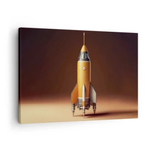 Impression sur toile - Image sur toile - Une fusée de style rétro sur un fond de tons marron - 70x50cm - Ça commence par un rêve - Décoration murale moderne pour le salon et la chambre ARTTOR
