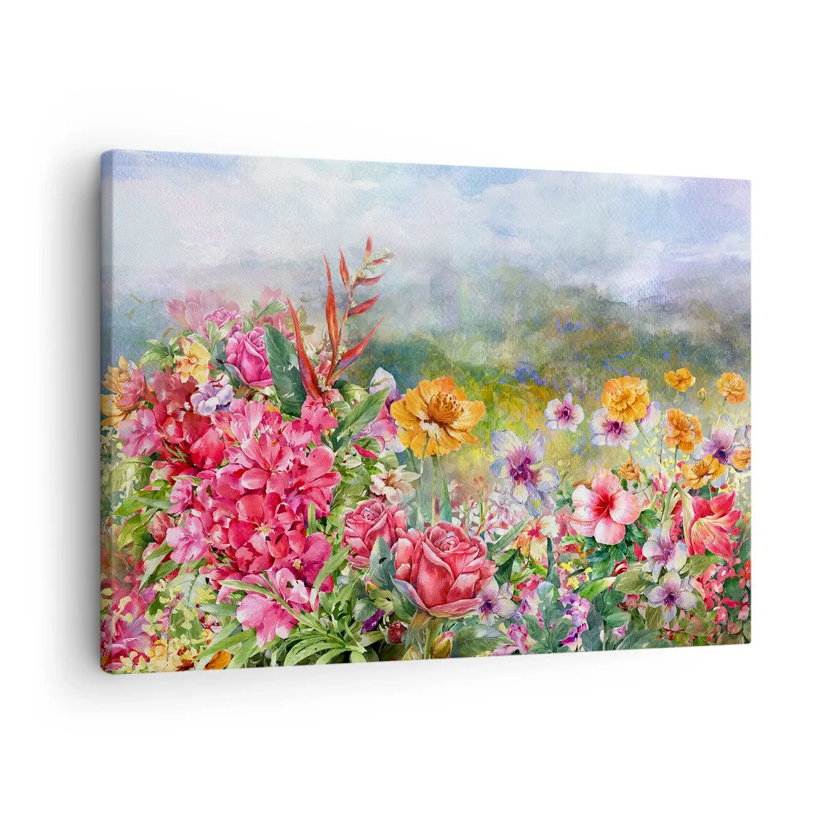 Impression sur toile - Image sur toile - Une composition colorée de fleurs sur un fond de paysage aux couleurs pastel - 70x50cm - Un jardin devenu fou - Décoration murale moderne pour le salon et la chambre ARTTOR