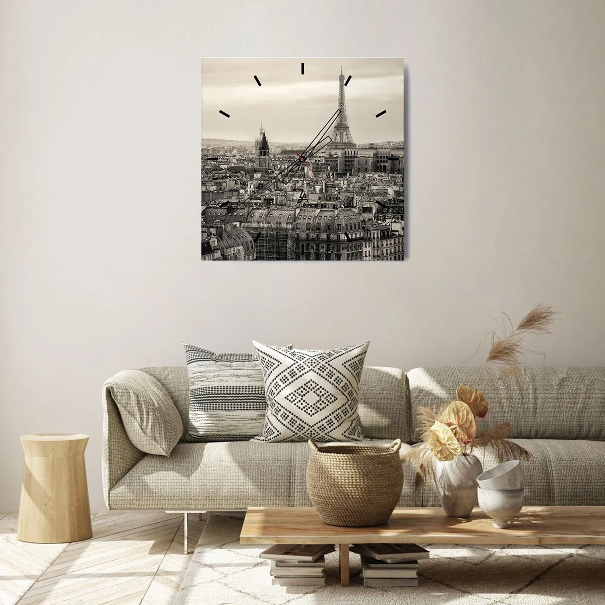 Horloge murale - Pendule murale - Panorama de Paris avec la Tour Eiffel en tons sépia - 30x30cm - Sur les toits de Paris - Décoration murale moderne pour le salon et la chambre ARTTOR